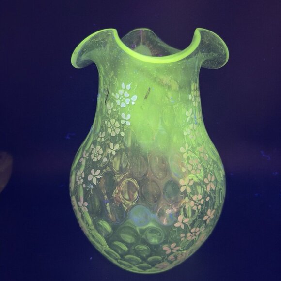 Antique Enameled Glass Pitcher Jug Hand Blown Optic Dot Manganese 365nm Green UV - Picture 5 of 16